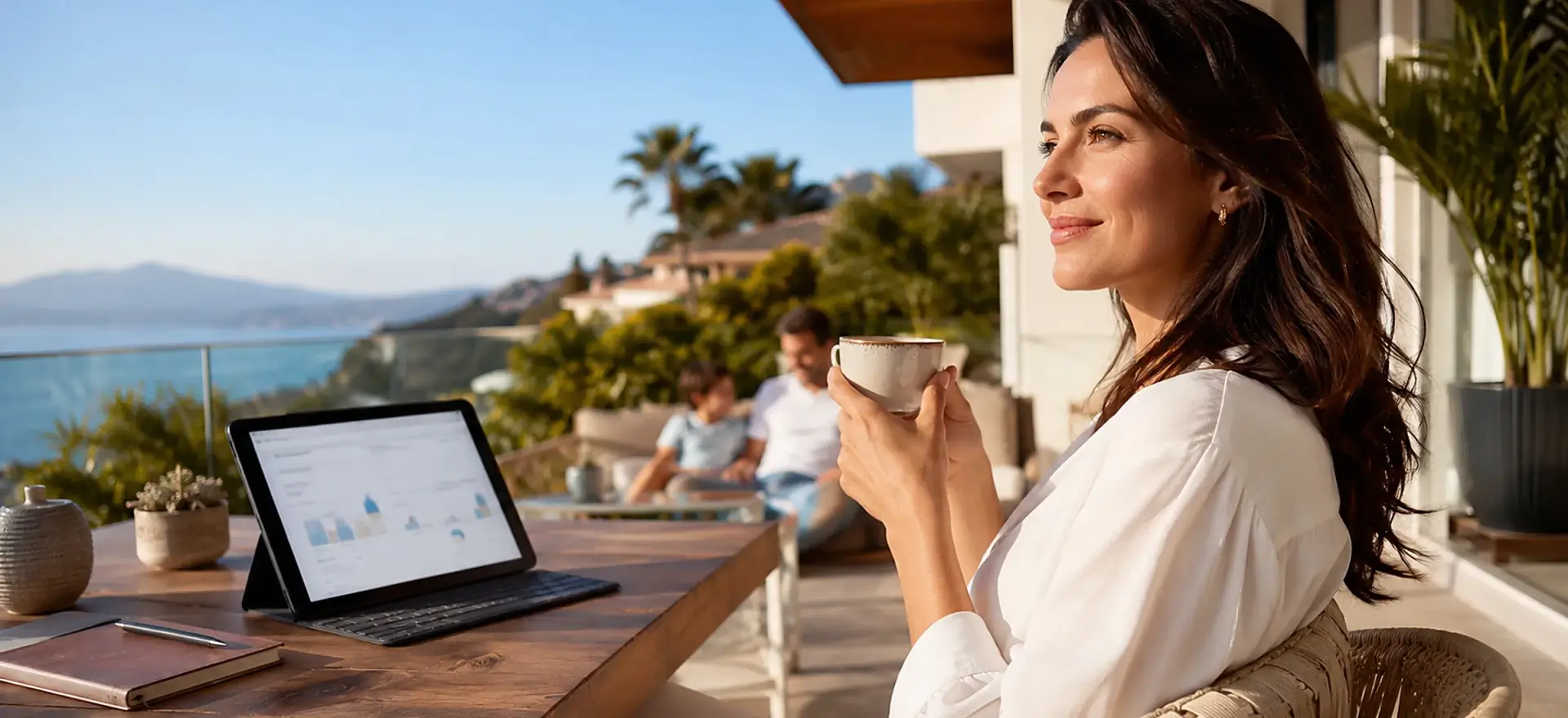 Eine Unternehmerin sitzt mit Kaffee entspannt auf ihrer Terrasse, auf dem Laptop läuft die Auswertung ihres Betriebs, im Hintergrund ihre Familie — die Arbeit läuft, sie hat Zeit