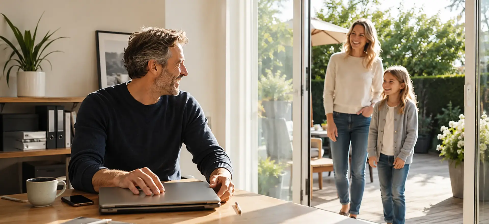 Ein Geschäftsinhaber arbeitet ruhig in seinem hellen Büro, Zuhause und Familie in der Nähe — Anfragen und Termine laufen diskret im Hintergrund weiter